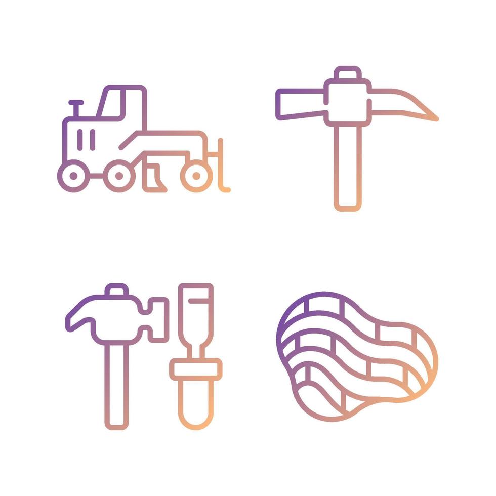 Quarry mining pixel perfect gradient linear vector icons set. Miner manual instruments. Coal extraction. Excavator. Thin line contour symbol designs bundle. Isolated outline illustrations collection