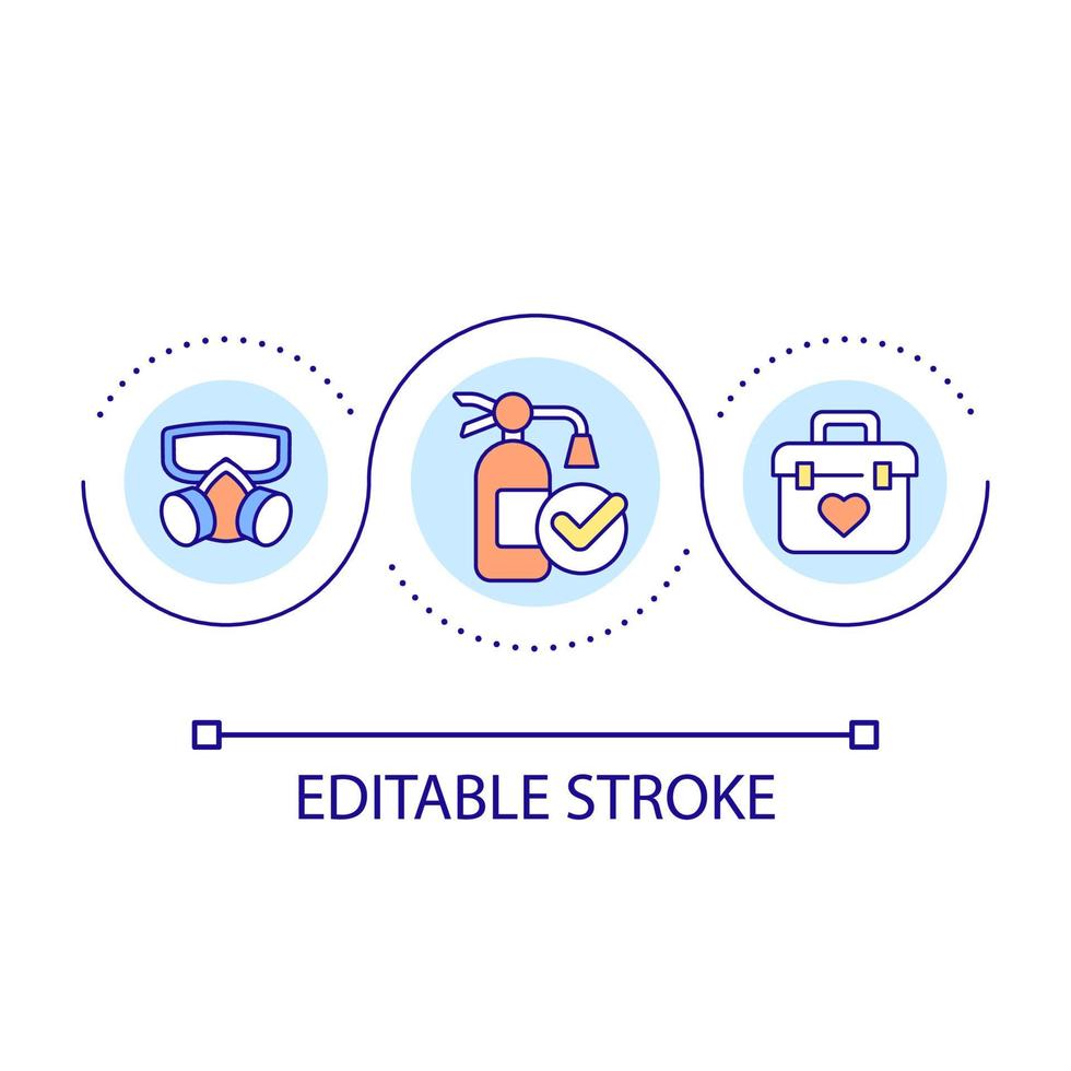 Safety equipment loop concept icon. Emergency preparedness. Avoiding workplace injuries tip abstract idea thin line illustration. Isolated outline drawing. Editable stroke vector