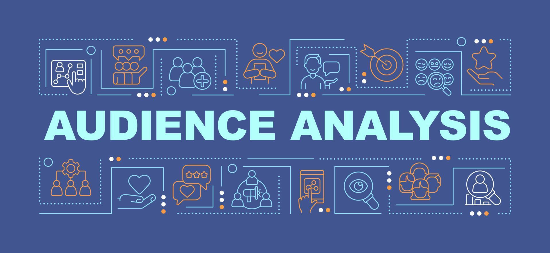 Audience analysis word concepts dark blue banner. Users interaction. Infographics with editable icons on color background. Isolated typography. Vector illustration with text