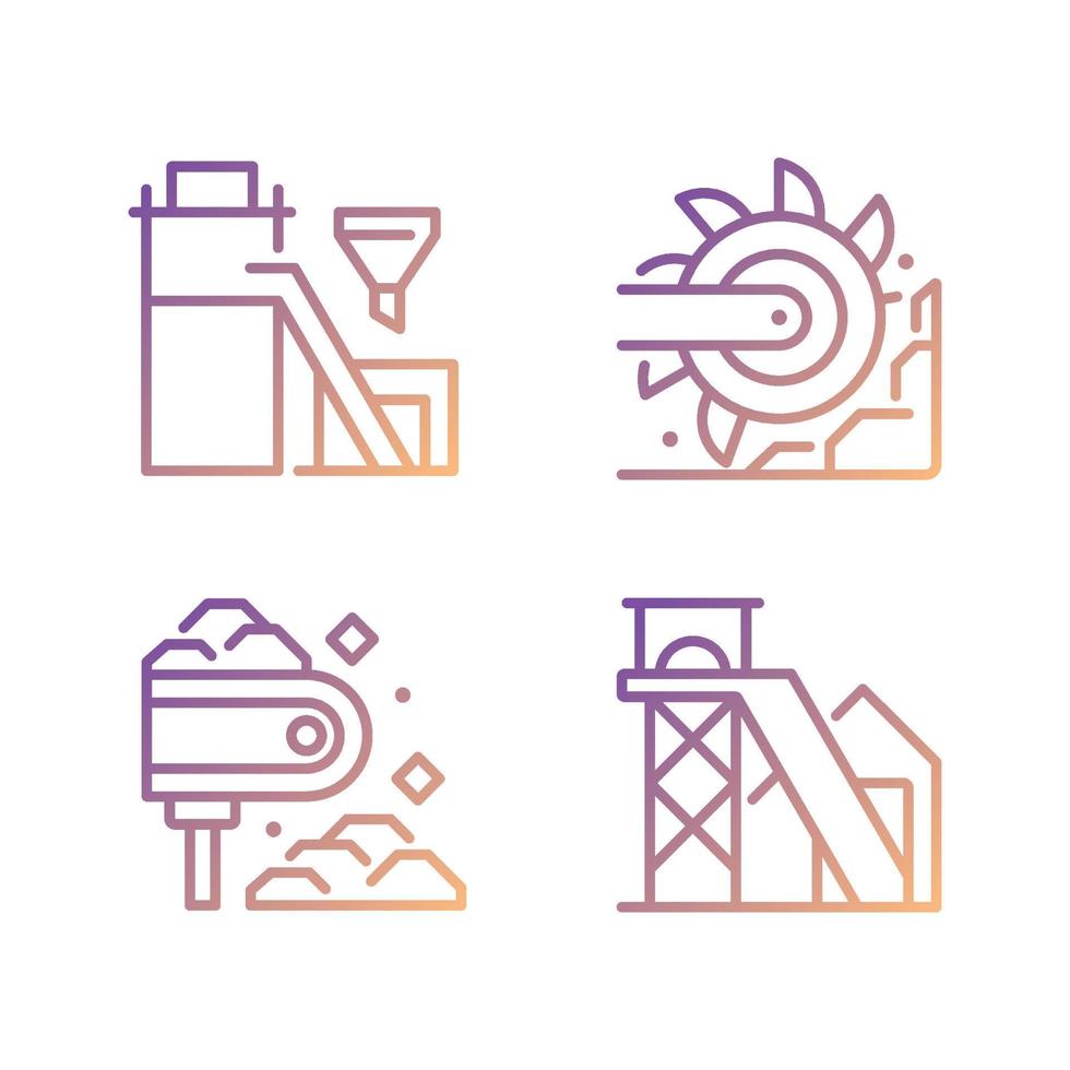 Coal mining process pixel perfect gradient linear vector icons set. Processing plant. Bucket wheel excavator. Thin line contour symbol designs bundle. Isolated outline illustrations collection
