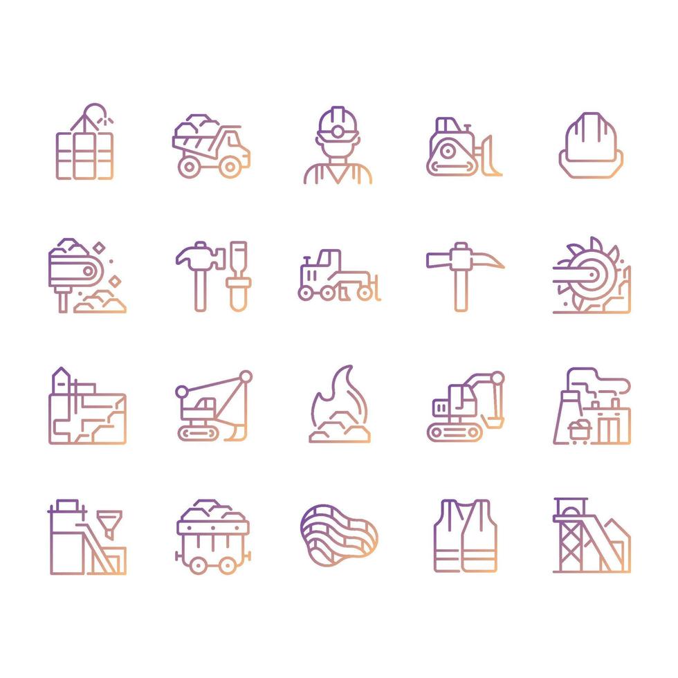 Coal mining pixel perfect gradient linear vector icons set. Personal protective equipment. Heavy industry. Thin line contour symbol designs bundle. Isolated outline illustrations collection