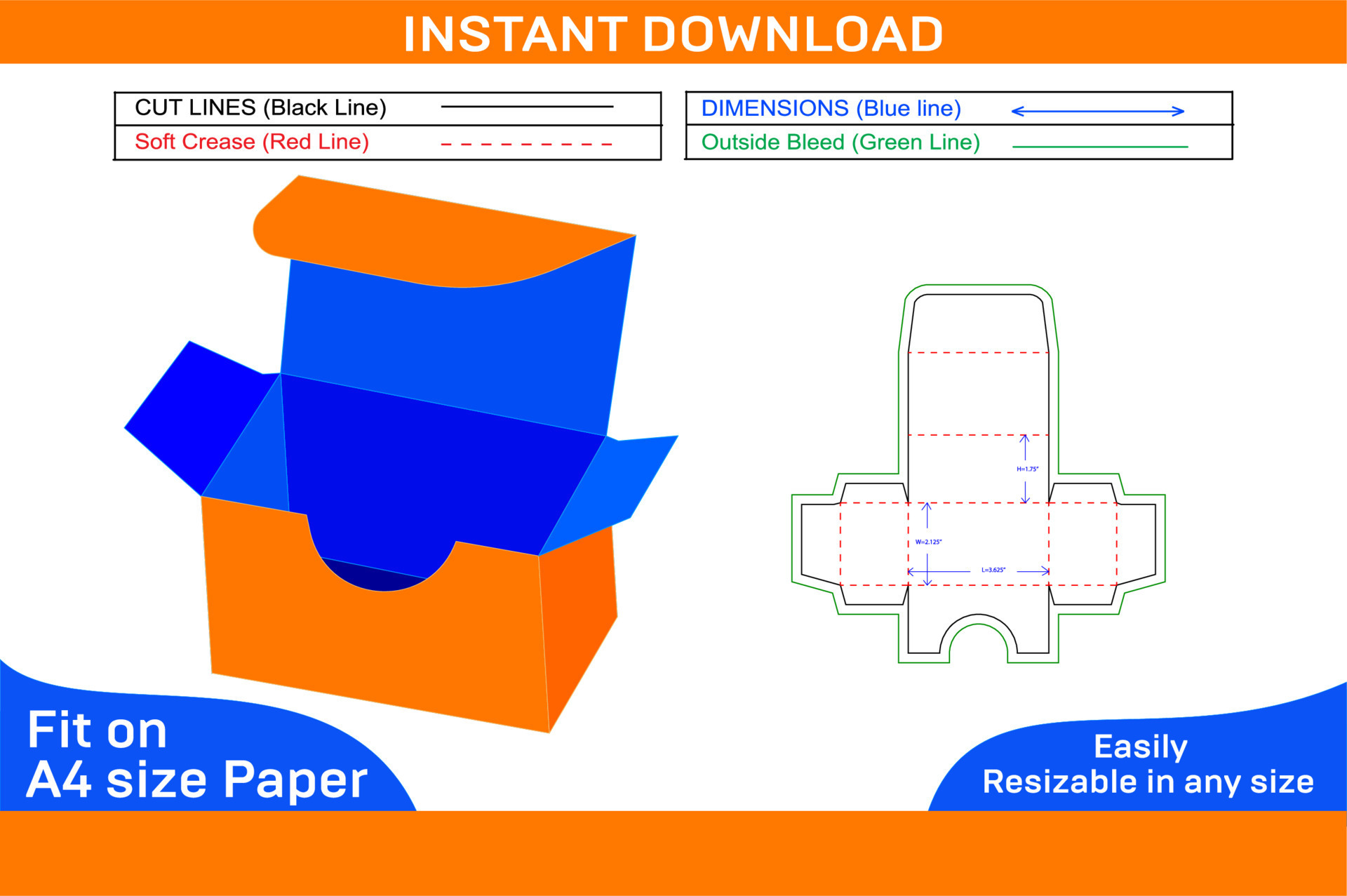 Unique Business card box dieline template and 3d render file resizeable