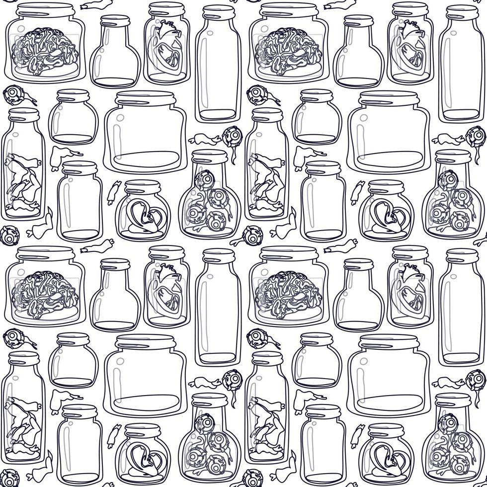 A pattern of glass jars with body parts in a contoured, linear style. The jars contain human ears, eyes, brains, hearts, and zombie fingers. The witch's supplies. Gift wrapped for Halloween, coloring vector