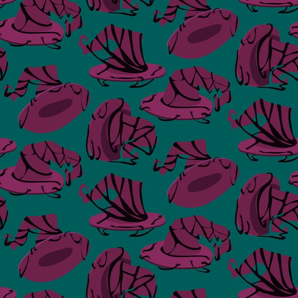 A pattern of cartoon witch hats, costume elements for a Halloween party. A set of vector illustrations of an eerily decorated hat in different angles. For printing on textiles and paper. Gift wrapping