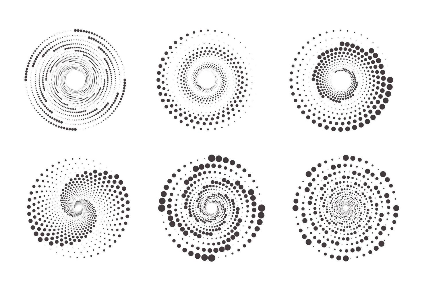 Dotted circles pattern. Abstract half tone graphic set. Circular textured round spiral frames. Vector swirl geometric rings with gradation.