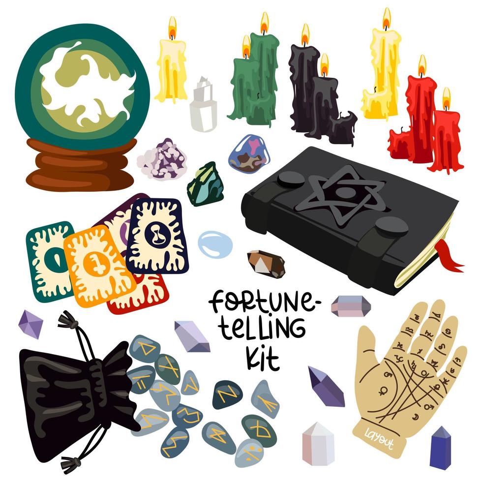 un conjunto para Adivinación de mágico elementos. velas, candelabros, runas, un libro de hechizos, un magia pelota, cristales, un mano para predicciones, tarot tarjetas el principal conjunto para un fortuna cajero para Víspera de Todos los Santos vector