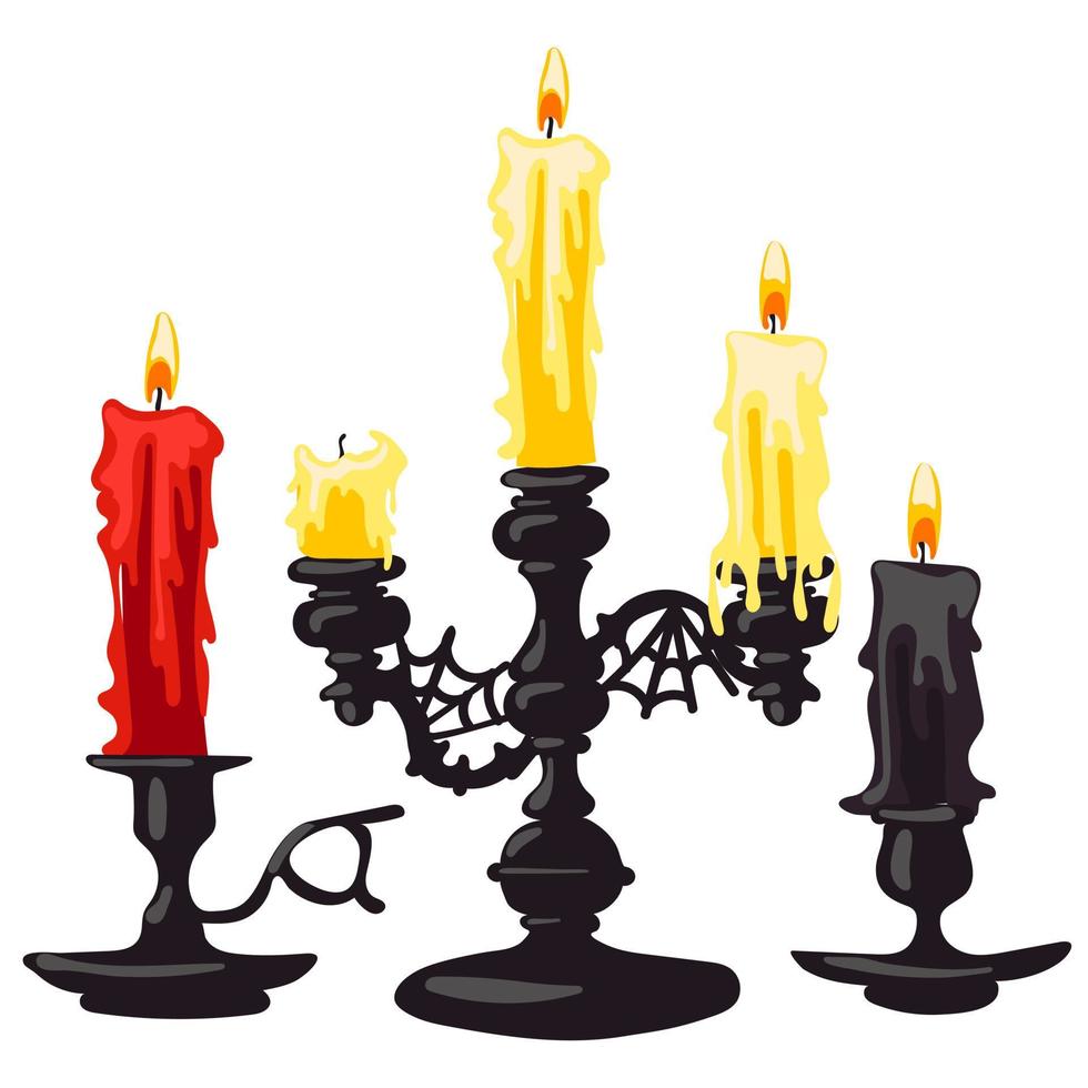 A set of Candle holder with candles. Vintage black hand lanterns with candles red, yellow, black. Candles for divination. Triple candle holder with a web, single with a handle and without a handle vector