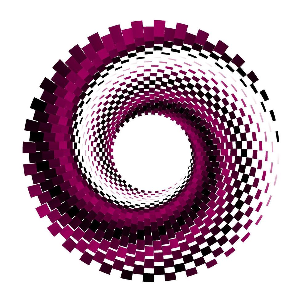 Black, pink, and white dashed spiral vortex circle logo vector. Round swirl pattern dashes symbol. vector