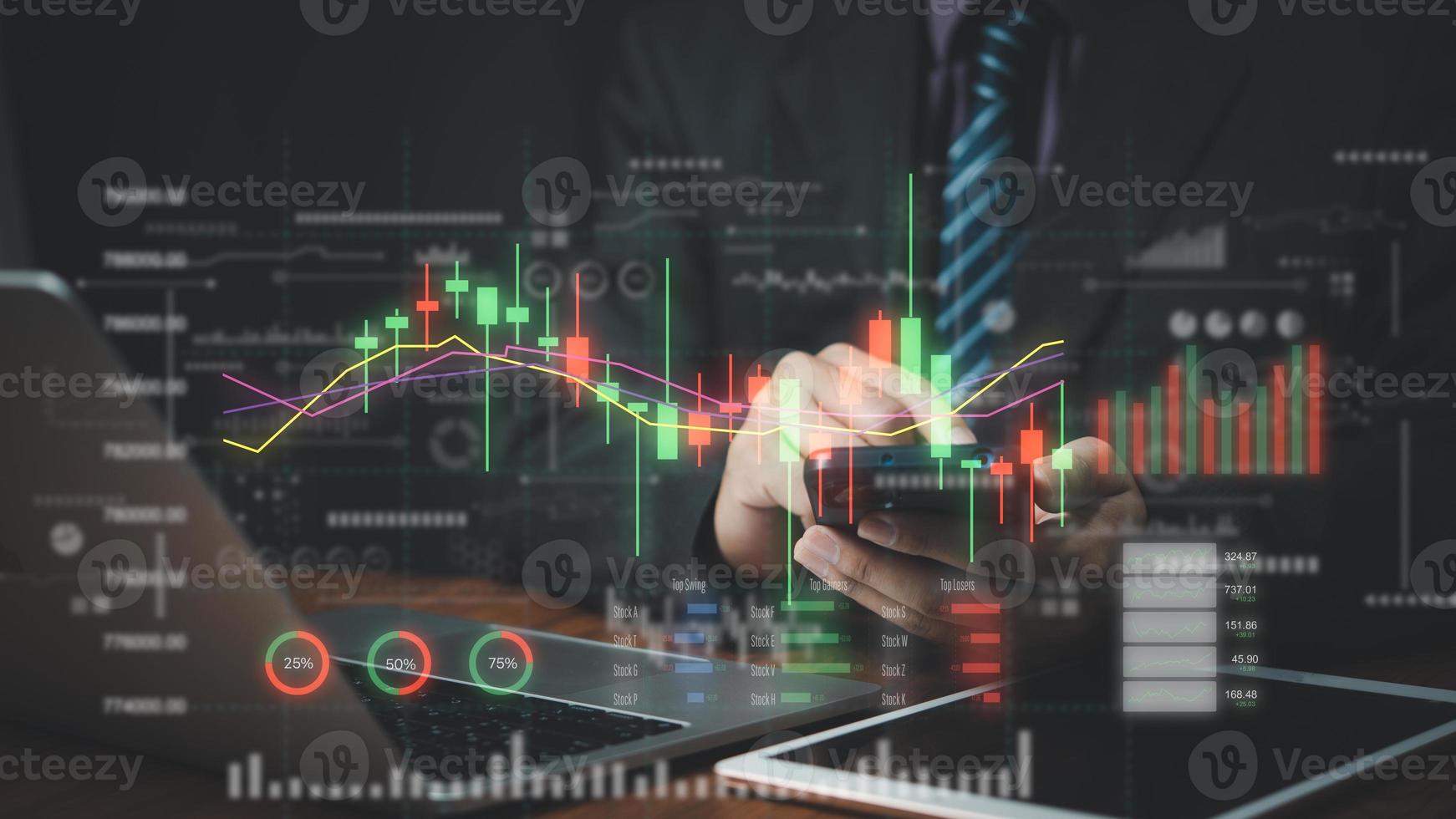 Stock market graph and indicator, candlestick chart and stock trading computer screen.Business financial investment exchange and forex concept. photo