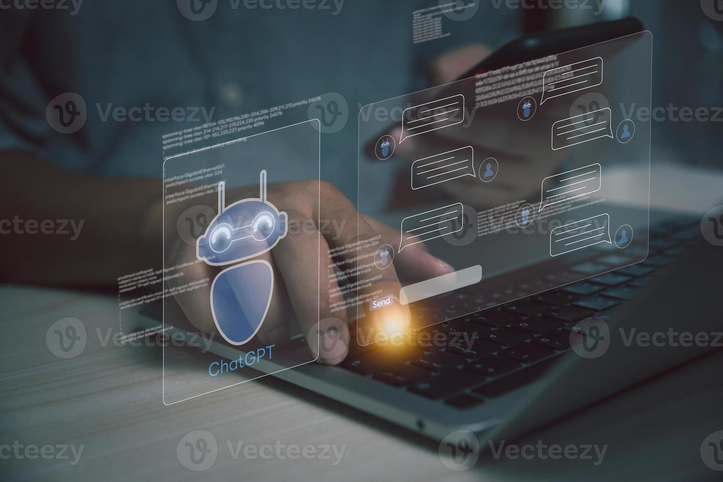 businessman using laptop computer chatting with a smart AI or artificial intelligence. Digital technology robot information concept. photo