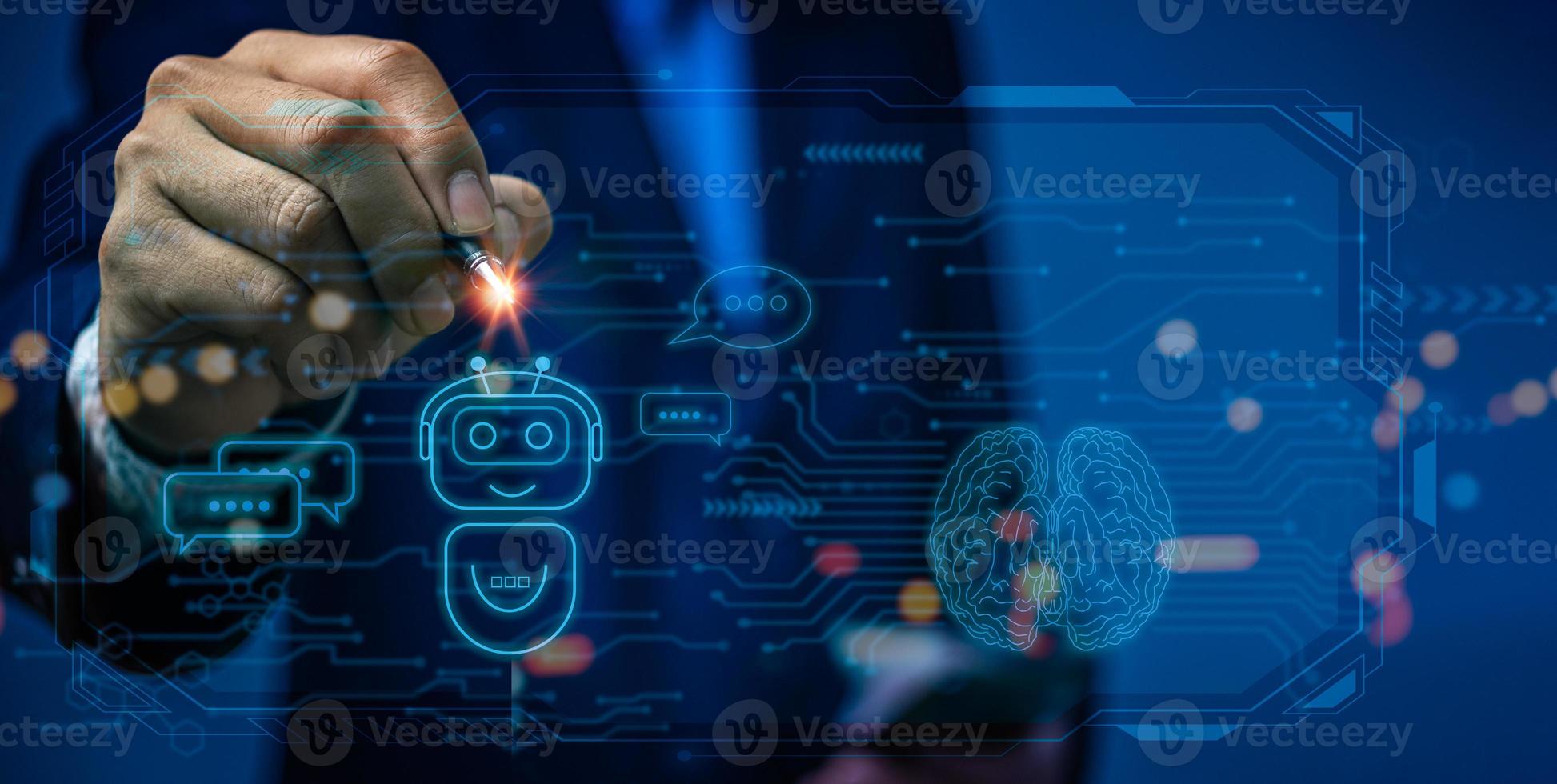 Chat with AI or Artificial Intelligence. Digital chatbot, robot application, OpenAI generate. Futuristic technology. photo