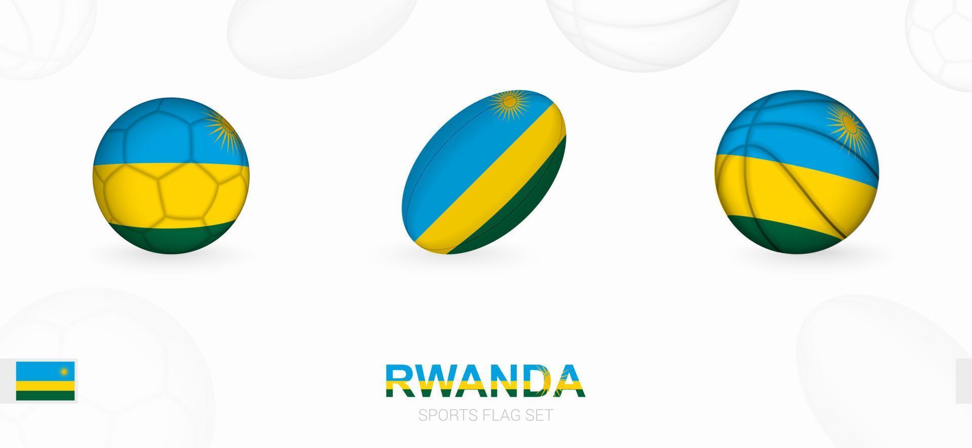 Deportes íconos para fútbol, rugby y baloncesto con el bandera de Ruanda. vector