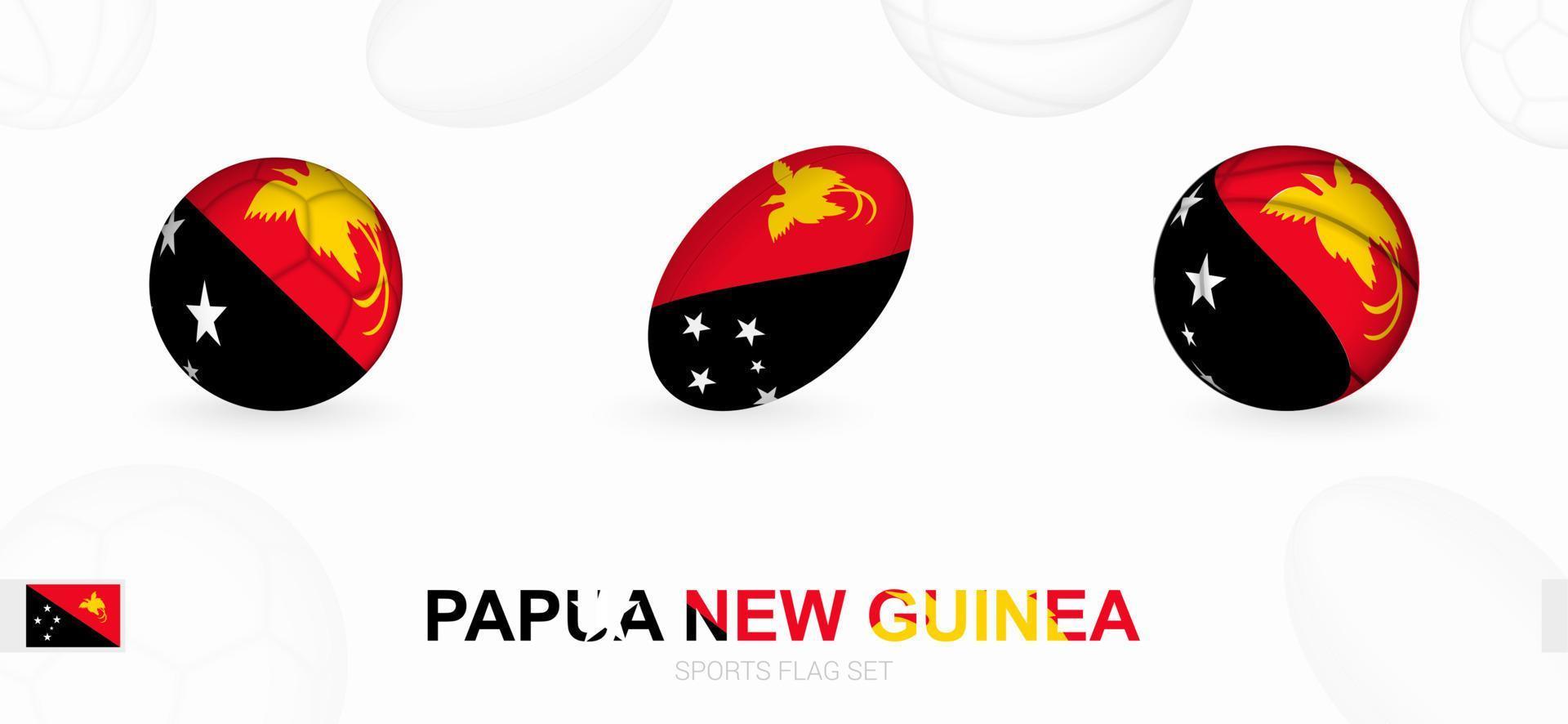 Deportes íconos para fútbol, rugby y baloncesto con el bandera de Papuasia nuevo Guinea. vector