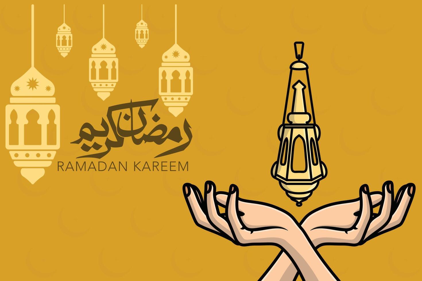 Ramadán kareem saludo con linterna lámpara en mano vector ilustración. islámico fiesta icono concepto. Ramadán linterna lámpara y caligrafía icono diseño. Ramadán kareem vector saludo tarjeta diseño.