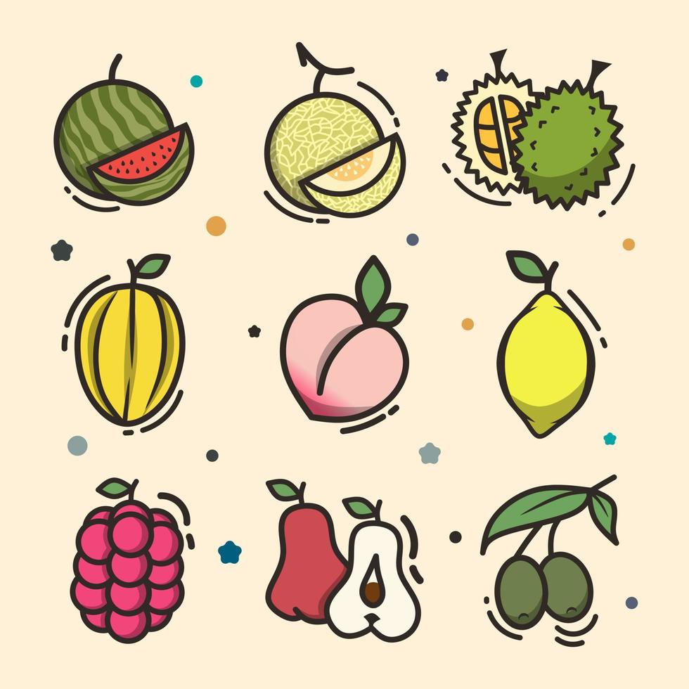 Doodle fruit bundle item, cute colorful doodle, cartoon style. vector