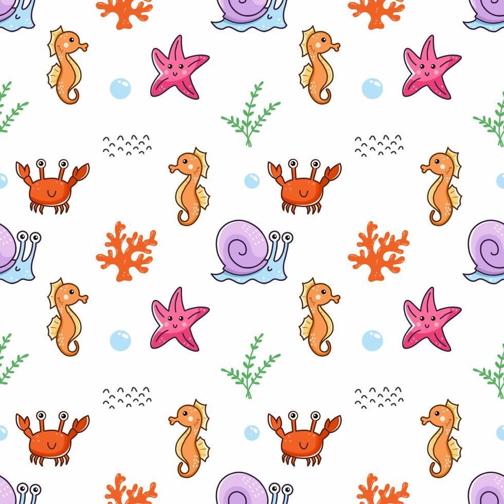 Marine life at bottom of sea. Aquarium. Seamless pattern for sewing children clothing. Printing on fabric and packaging paper. Seabed. vector