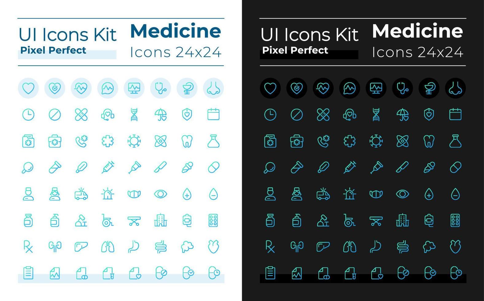 Medicine pixel perfect gradient linear ui icons set for dark, light mode. Medical treatment. Line contour user interface symbols. Modern style pictograms. Vector isolated outline illustrations