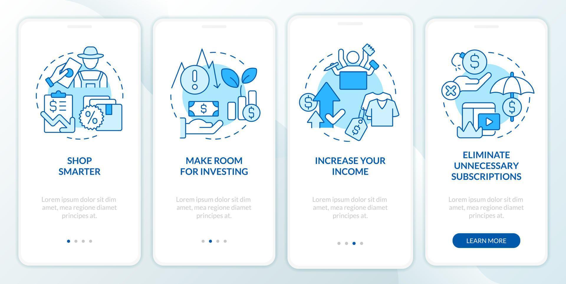 Budget planning for inflation blue onboarding mobile app screen. Walkthrough 4 steps editable graphic instructions with linear concepts. UI, UX, GUI template vector