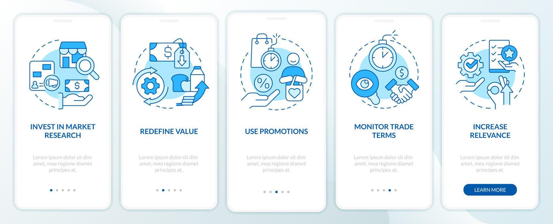 Managing prices blue onboarding mobile app screen. Inflation walkthrough 5 steps editable graphic instructions with linear concepts. UI, UX, GUI template vector