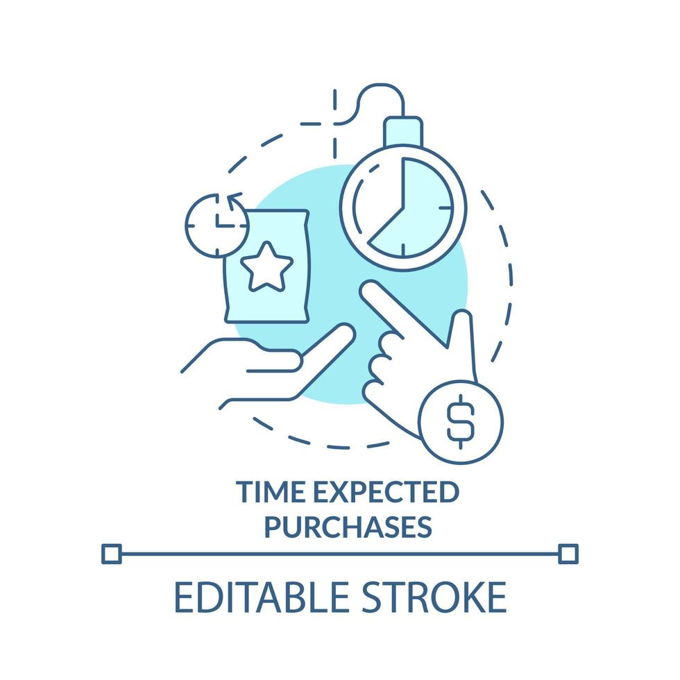 Time expected purchases turquoise concept icon. Consumers deal with inflation abstract idea thin line illustration. Isolated outline drawing. Editable stroke vector