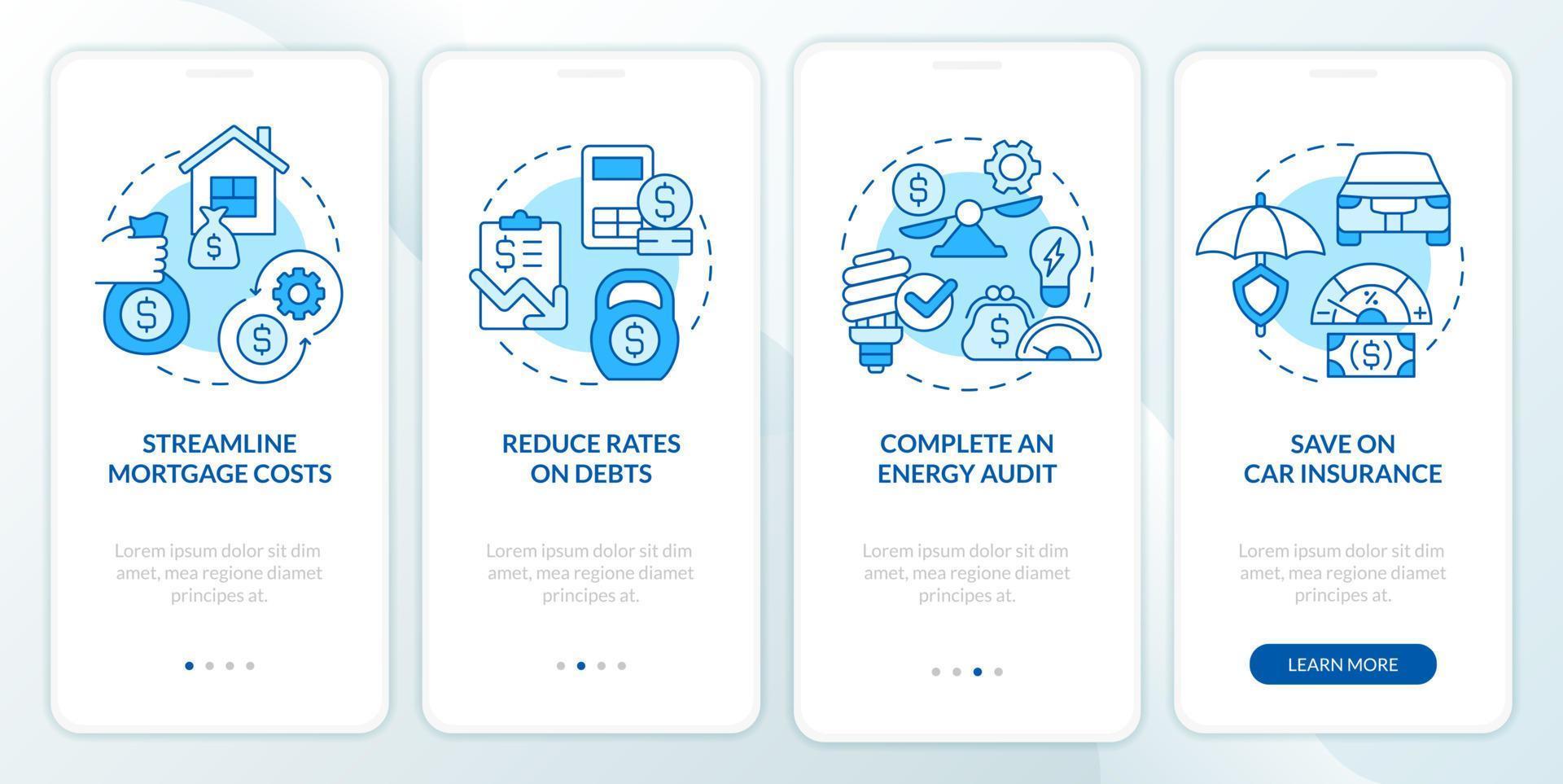 Budgeting for inflation blue onboarding mobile app screen. Walkthrough 4 steps editable graphic instructions with linear concepts. UI, UX, GUI template vector