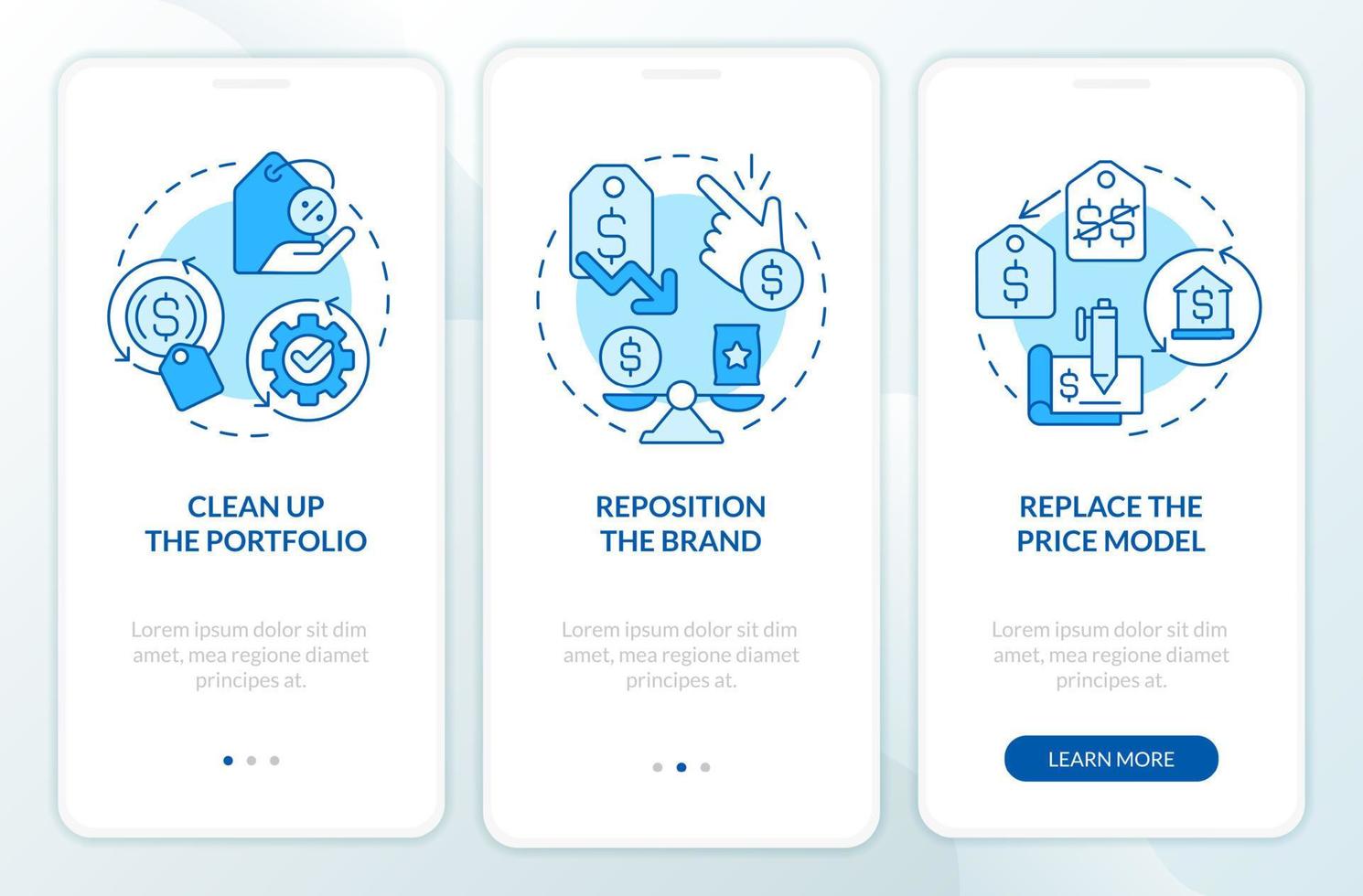 relación comercial con inflación en negocio azul inducción móvil aplicación pantalla. recorrido 3 pasos editable gráfico instrucciones con lineal conceptos. ui, ux, gui modelo vector