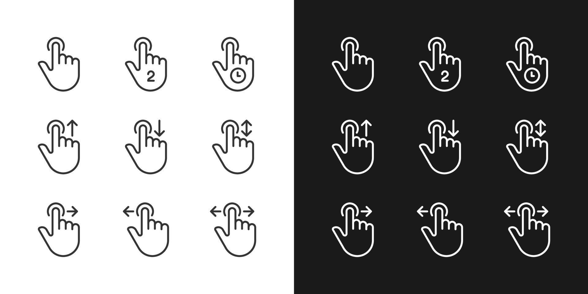 Touchscreen control pixel perfect linear icons set for dark, light mode. Navigation gestures. Smartphone and tablet. Thin line symbols for night, day theme. Isolated illustrations. Editable stroke vector