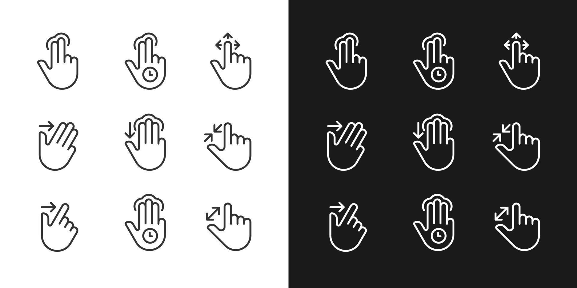 Multitouch gestures pixel perfect linear icons set for dark, light mode. Touchscreen control. Tablet navigation. Thin line symbols for night, day theme. Isolated illustrations. Editable stroke vector