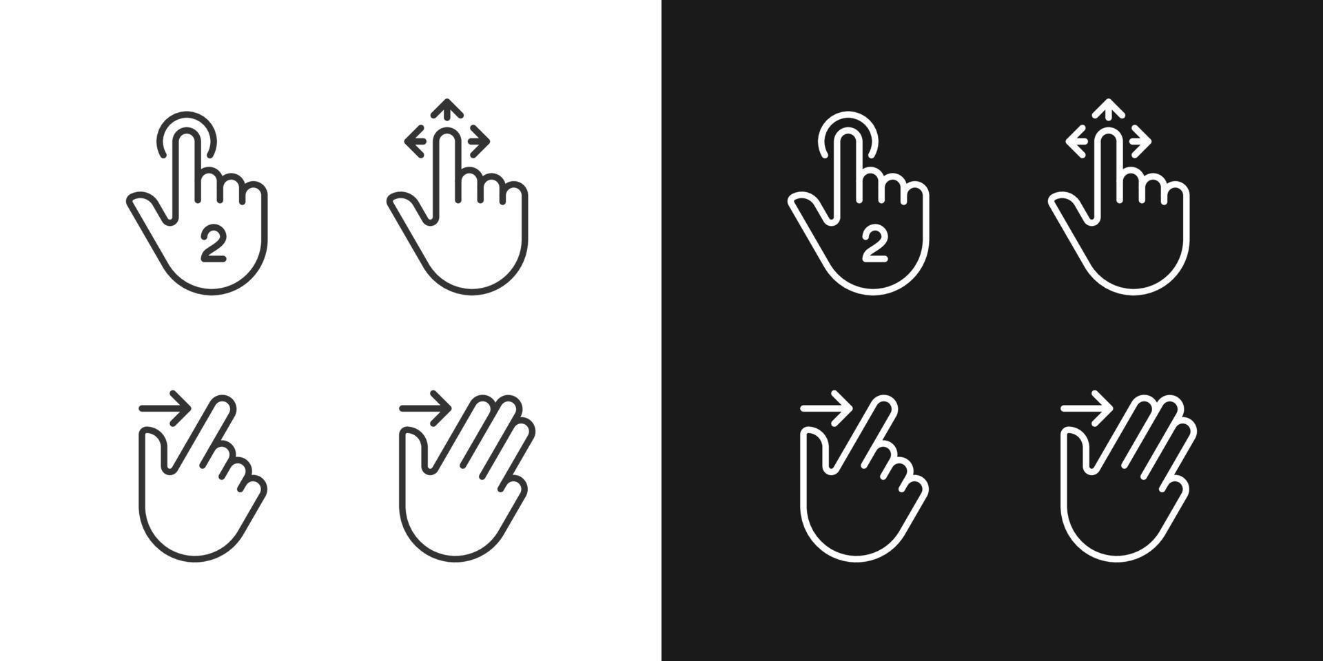 Drag and swipe gestures pixel perfect linear icons set for dark, light mode. Touchscreen interaction. Digital device. Thin line symbols for night, day theme. Isolated illustrations. Editable stroke vector