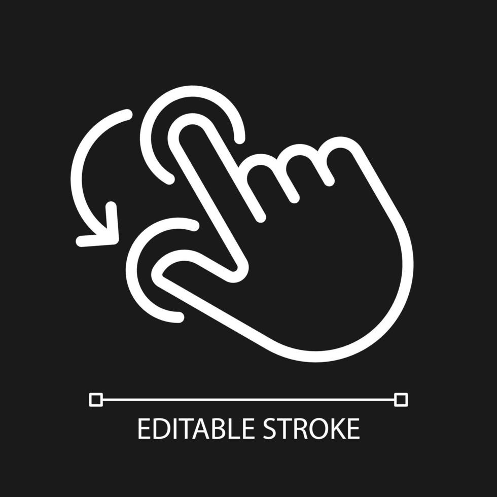 Double finger rotation pixel perfect white linear icon for dark theme. Hold and spin with two fingers. Thin line illustration. Isolated symbol for night mode. Editable stroke vector
