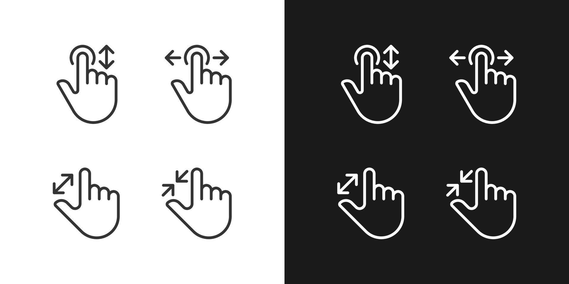 Scrolling and zooming gestures pixel perfect linear icons set for dark, light mode. Touchscreen. Device navigation. Thin line symbols for night, day theme. Isolated illustrations. Editable stroke vector