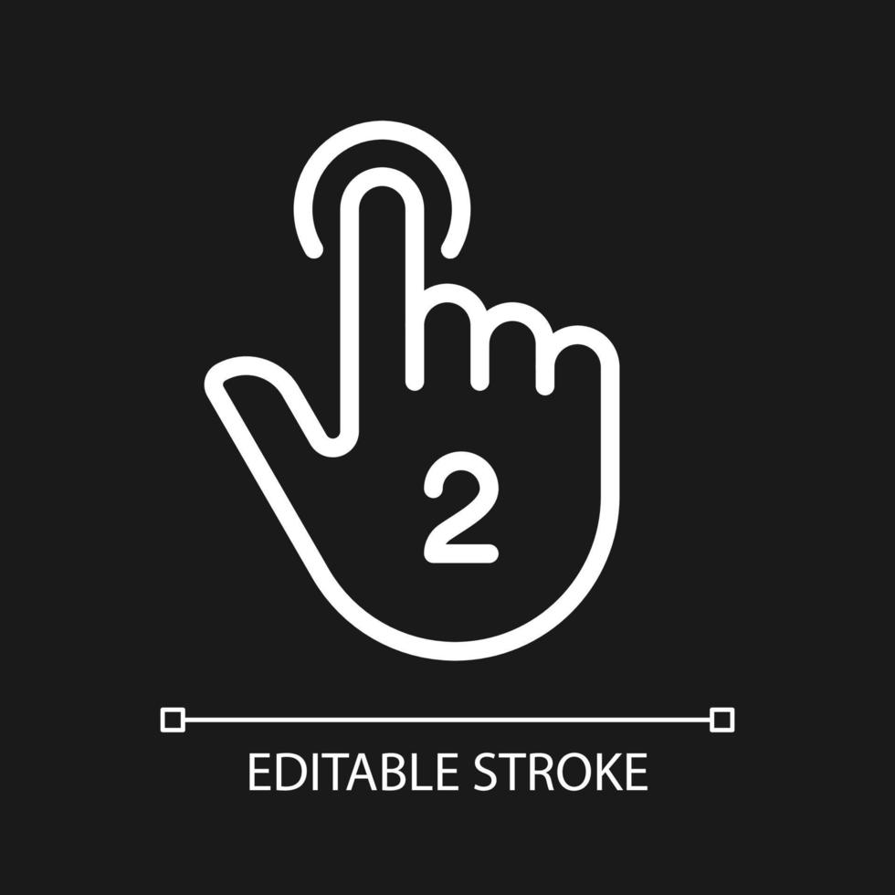Double touch pixel perfect white linear icon for dark theme. Controlling gesture. Smartphone display control. Thin line illustration. Isolated symbol for night mode. Editable stroke vector