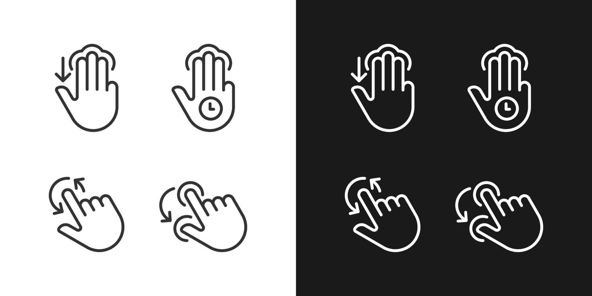 Multi touch control pixel perfect linear icons set for dark, light mode. Three finger tap and hold. Rotation function. Thin line symbols for night, day theme. Isolated illustrations. Editable stroke vector