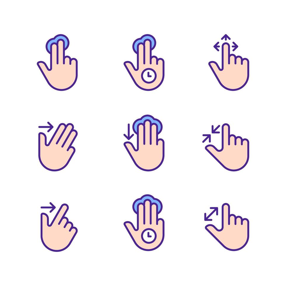 Multitouch gestures pixel perfect RGB color icons set. Touchscreen control. Tablet and phone navigation. Isolated vector illustrations. Simple filled line drawings collection. Editable stroke