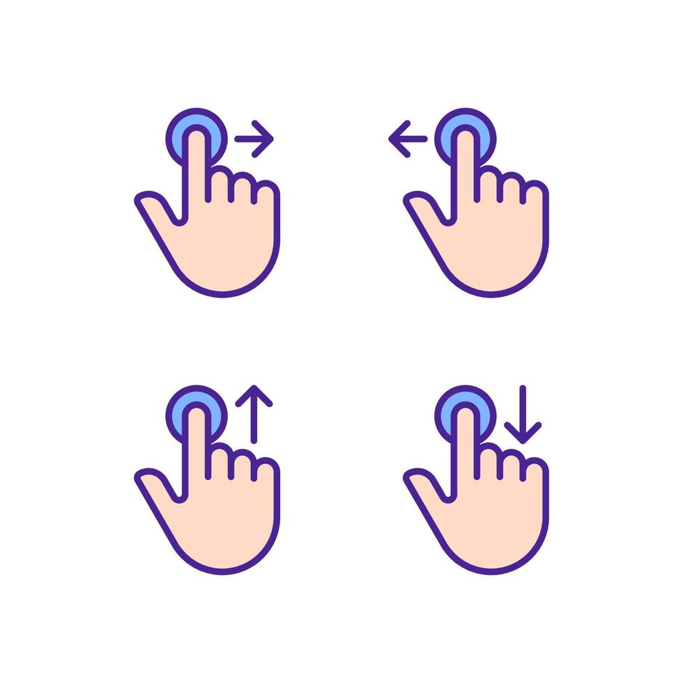 Hold and move pixel perfect RGB color icons set. Long tap and draw. Touchscreen control gestures. Smartphone. Isolated vector illustrations. Simple filled line drawings collection. Editable stroke
