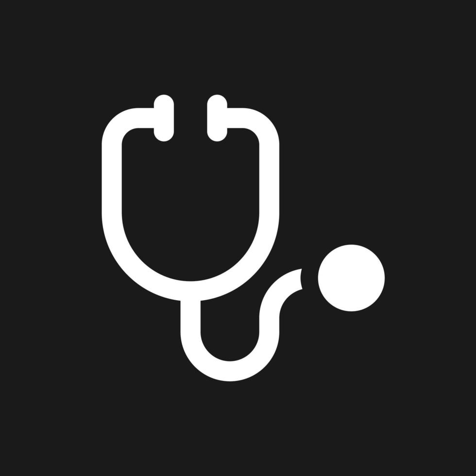 Stethoscope dark mode glyph ui icon. Medical examination instrument. User interface design. White silhouette symbol on black space. Solid pictogram for web, mobile. Vector isolated illustration