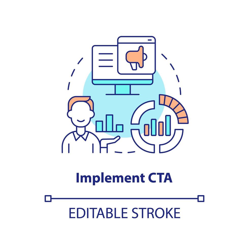 implementar cta concepto icono. popular arriba mensajes en sitio web. márketing caso estudiar resumen idea Delgado línea ilustración. aislado contorno dibujo. editable carrera vector