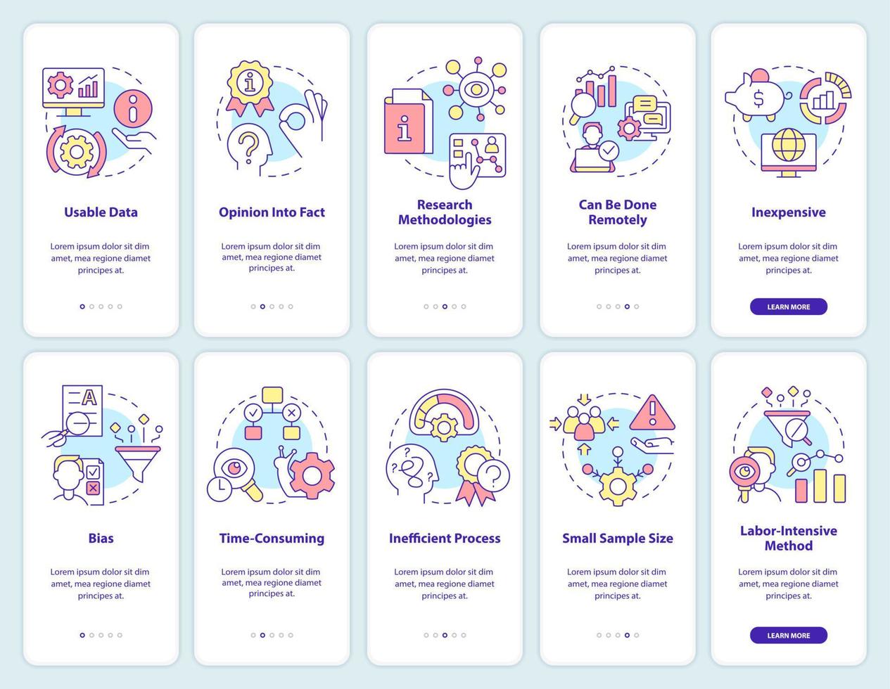 Pros and cons of case study onboarding mobile app screen set. Walkthrough 5 steps editable graphic instructions with linear concepts. UI, UX, GUI template vector