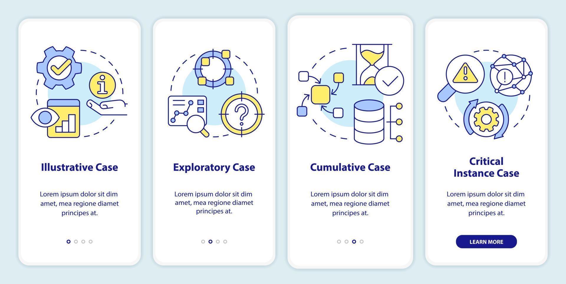 Types of case study onboarding mobile app screen. Methods walkthrough 4 steps editable graphic instructions with linear concepts. UI, UX, GUI template vector