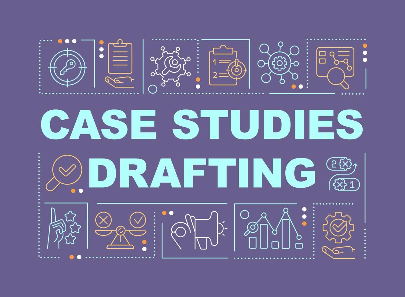 Case studies drafting word concepts dark purple banner. Complementation. Infographics with editable icons on color background. Isolated typography. Vector illustration with text
