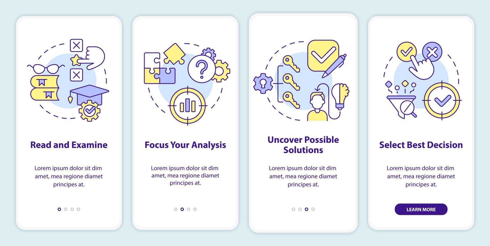 Structure of case study onboarding mobile app screen. Research walkthrough 4 steps editable graphic instructions with linear concepts. UI, UX, GUI template vector
