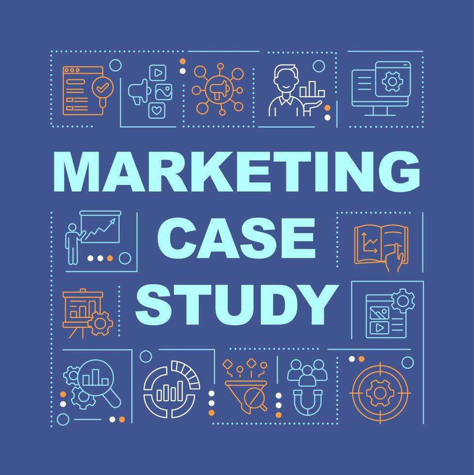 Marketing case study word concepts dark blue banner. Business. Infographics with editable icons on color background. Isolated typography. Vector illustration with text