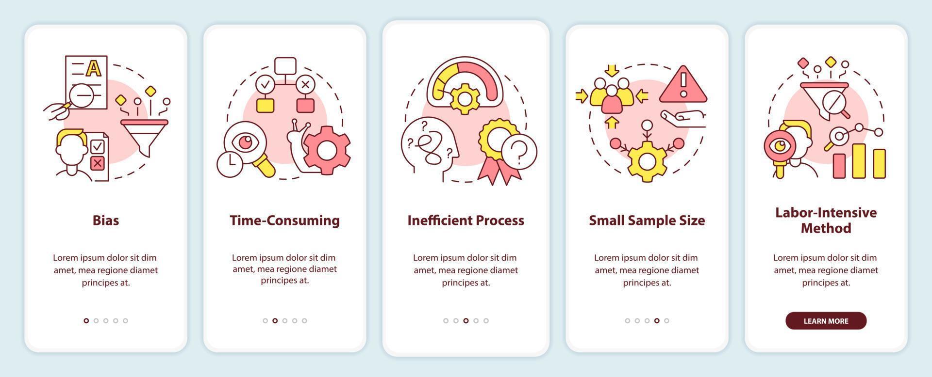Disadvantages of case study onboarding mobile app screen. Issues walkthrough 5 steps editable graphic instructions with linear concepts. UI, UX, GUI template vector