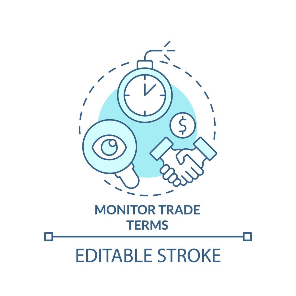 Monitor trade terms turquoise concept icon. Distributors payables. Managing prices abstract idea thin line illustration. Isolated outline drawing. Editable stroke vector