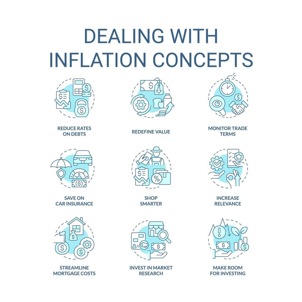 Dealing with inflation turquoise concept icons set. Rising prices. Economics idea thin line color illustrations. Isolated symbols. Editable stroke vector