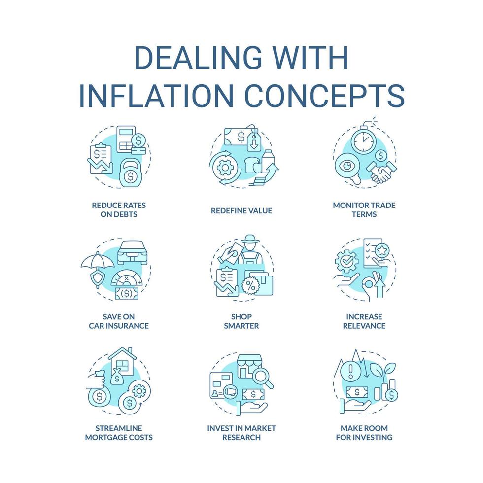 relación comercial con inflación turquesa concepto íconos colocar. creciente precios. ciencias económicas idea Delgado línea color ilustraciones. aislado simbolos editable carrera vector