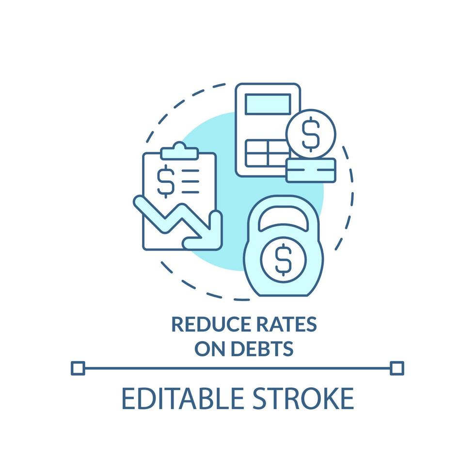 Reduce rates on debts turquoise concept icon. Low interest rate. Budgeting abstract idea thin line illustration. Isolated outline drawing. Editable stroke vector