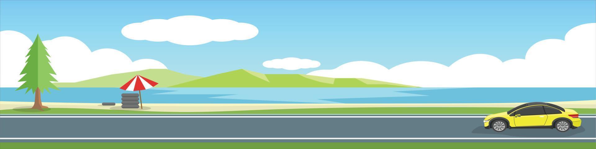 Happy travels time with sport car for banner. Asphalt road near the sea beach. Background with beautiful sandy beach and Swimming rings and umbrellas at the beach. Copy Space Flat Vector Illustration