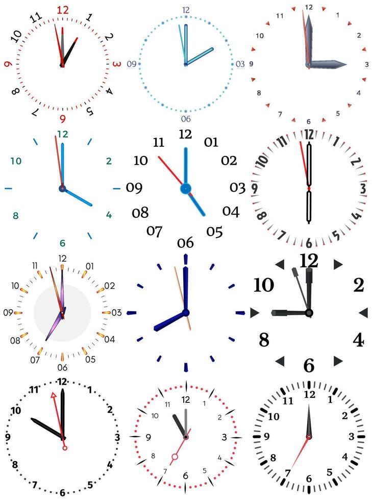 A set of different mechanical clocks with an image of each of the twelve hours. Clock face on white background. vector