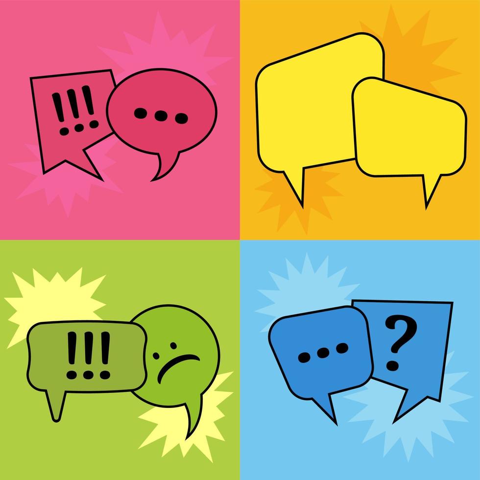 Set of four communication speech bubbles on colorful backgrounds. Vector illustration